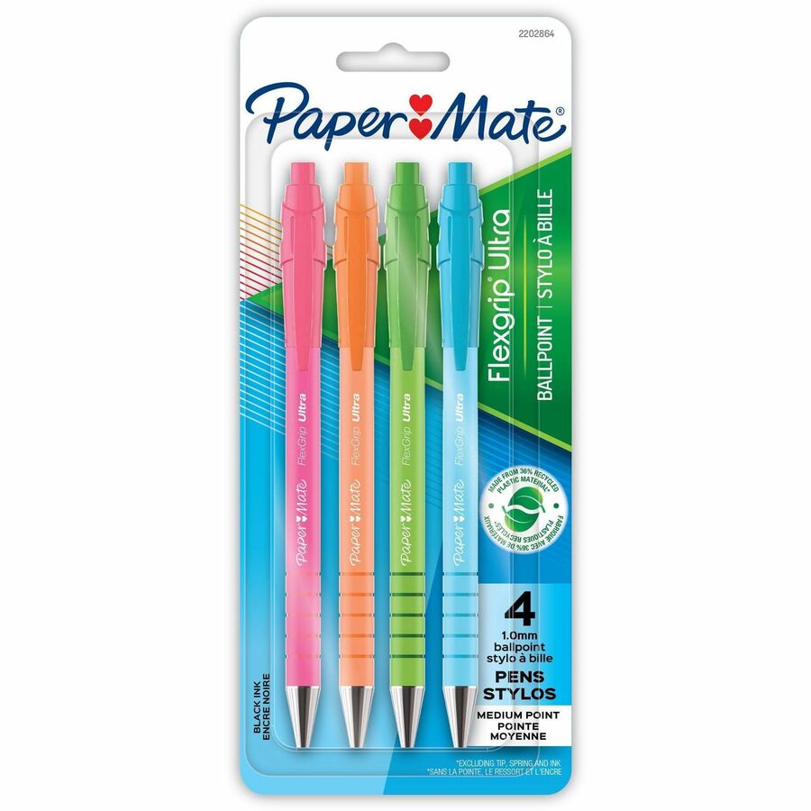 Paper Mate Flexgrip Ultra Recycled Pens - Retractable - Black Ink - Green Rubberized, Pink, Orange, Blue, Assorted Barrel - 4 / Pack