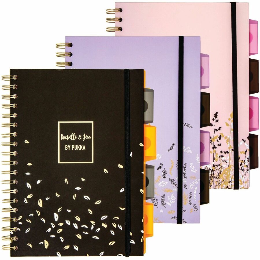 Pukka Pads Rochelle & Jess Notebook - 200 Pages - Twin Wirebound - 80 g/m², Grammage - 1.30" Height x 7.9" Width x 9.8" Depth - Gold Binding - Pink, Lilac, Black Cover - Elastic Closure, Repositionable Divider, Hard Cover, Micro Perforated, Recycla...