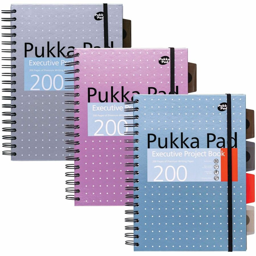Pukka Pads B5 Metallic Executive Project Books - 200 Pages - Printed - Twin Wirebound - Ruled Front Ruling - 80 g/m², Grammage - B5 - 7" x 10" Sheet Size - Blue, Purple, Silver Cover - Hard Cover, World Map, Repositionable Divider, Storage Pocket...