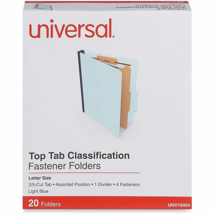 Universal 2/5 Tab Cut Letter Classification Folder - 8 1/2" x 11" - 1 3/4" Expansion - 4 Fastener - 2" Fastener Capacity - Top Tab Location - Assorted Tab Position - 1 Divider - Light Blue - 60% Recycled - 20 / Box