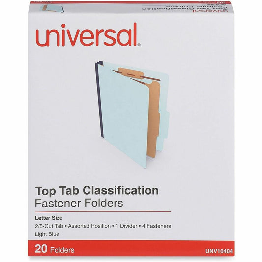 Universal 2/5 Tab Cut Letter Classification Folder - 8 1/2" x 11" - 1 3/4" Expansion - 4 Fastener - 2" Fastener Capacity - Top Tab Location - Assorted Tab Position - 1 Divider - Light Blue - 60% Recycled - 20 / Box