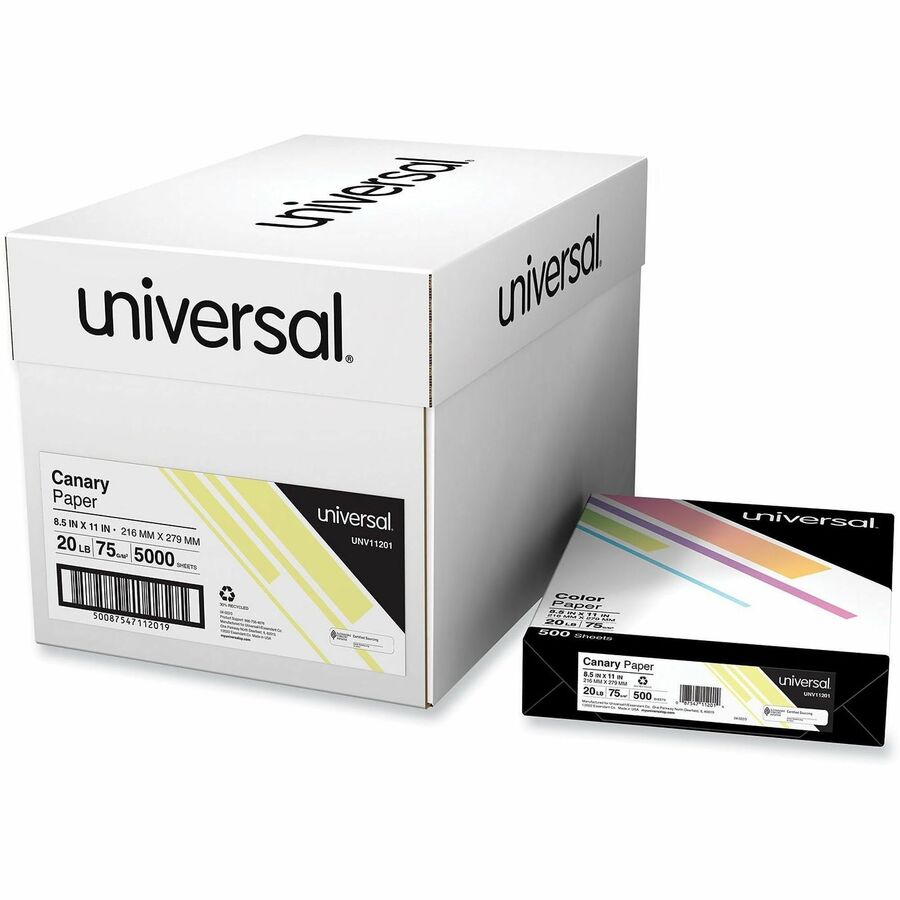 Universal Copy Paper - 20 lb Basis Weight - 75 g/m², Grammage - Canary - 5000 Sheets - 500 Sheets per Ream - 10 / Carton