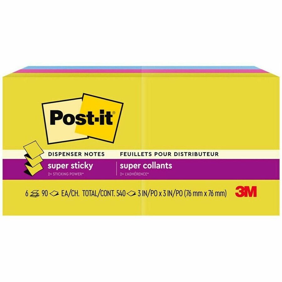 Post-it&reg, Super Sticky Pop-up Notes R330-6SSJOY, 3 in x 3 in (76 mm x 76 mm) - 540 x Multicolor - 3" Flag/Note Width x 3" Flag/Note Length - 90 Sheets per Pad - Citron, Power Pink, Washed Denim - Recycled - 6 / Pack
