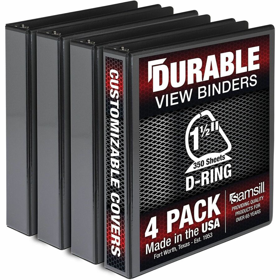 Samsill Ring Binder - 1.50" Ring - Fastener: D-Ring - Black - Durable, Clear Overlay - 4 / Pack