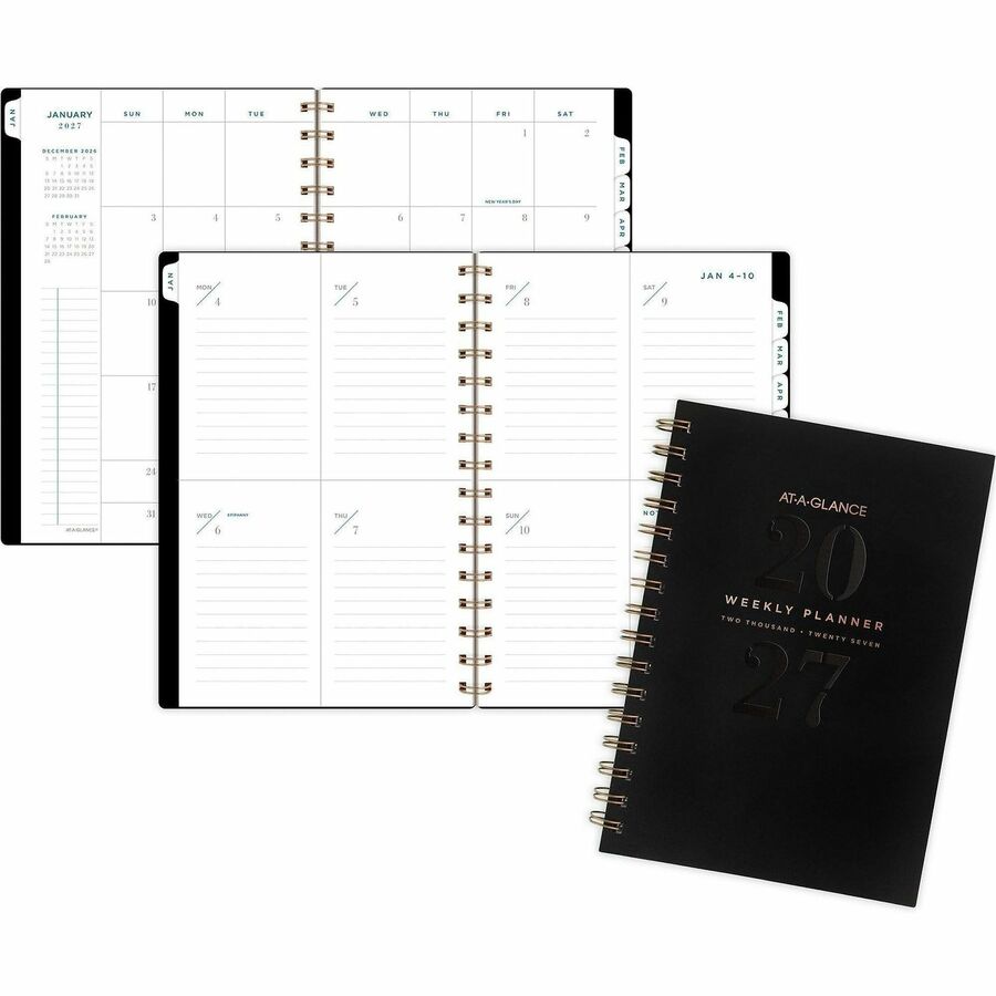 At-A-Glance Signature Lite Weekly Monthly Planner - Small - Monthly, Weekly - 12 Month - January 2027 to December 2027 - 1 Week, 1 Month Double Page Layout - 5 1/2" x 8 1/2" Sheet Size - White Sheet - Wire Bound - Black - Poly - Black Cover - 1 Each
