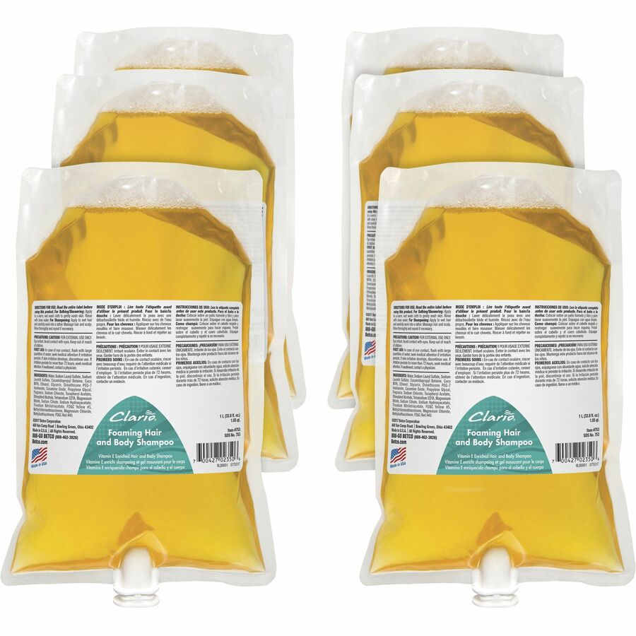 Betco Clario Foaming Hand, Hair and Body Shampoo Refills - Fresh Scent - 33.8 fl oz (1000 mL) - Hair, Body, Skin, Hand, Bath - Golden - Moisturizing - pH Balanced, Anti-irritant, Pleasant Scent - 6 / Carton