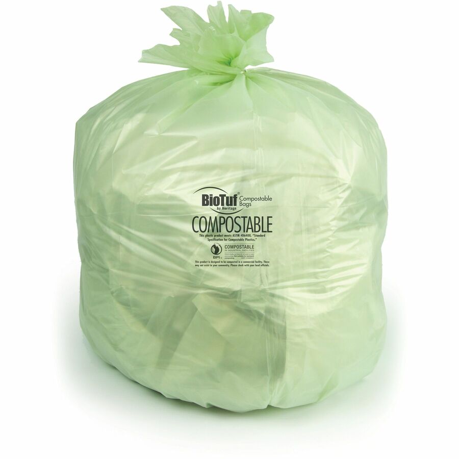 Heritage BioTuf Trash Bag - 30 gal Capacity - 28" Width x 45" Depth x 1 mil (25 Micron) Thickness - Green - Bioplast - Can, Food Waste, Industrial, Commercial - 1 Carton