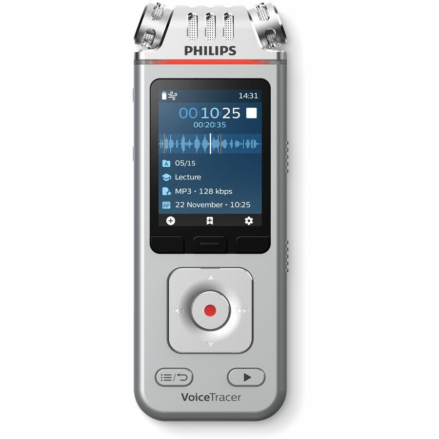 Philips Voice Tracer DVT4110 Digital Voice Recorder - [Built-in] Microphone, Speaker, Battery - Omni-directional Microphone - 8 GB Flash Memory - microSD Supported - MP3, WAV, WMA - Stereo - 2147 Hour Recording - USB - Headphone - Microphone - Portable