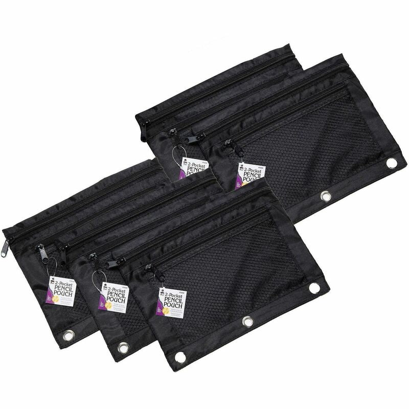 Charles Leonard 2-Pocket Binder Pencil Pouches - For 9" x 11" Sheet - 3 x Holes - 3 x Rings - Ring Binder - Black - Nylon, Fabric - 6 / Pack
