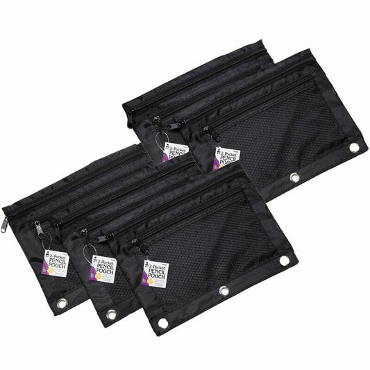 Charles Leonard 2-Pocket Binder Pencil Pouches - For 9" x 11" Sheet - 3 x Holes - 3 x Rings - Ring Binder - Black - Nylon, Fabric - 6 / Pack