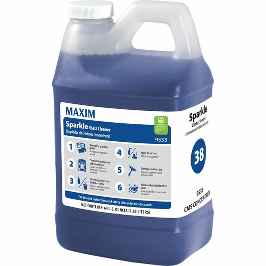Maxim Sparkle Glass Cleaner - For Window, Metal, Plastic, Fiberglass, Hard Surface, Glass, Mirror, Chrome - Concentrate - Liquid - 64 fl oz (2 quart) - 7.5 to 8 pH - Streak-free, Versatile, Quick Drying, Eco-friendly, Ammonia-free - Blue - 4 / Carton