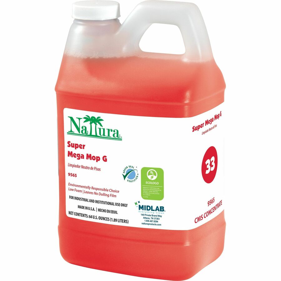 Nattura Super Mega Mop G - For Floor, Hard Surface - Concentrate - Liquid - 64 fl oz (2 quart) - 7.5 to 8 pH - Tangy Fruit Scent - Rinse-free - Red - 4 / Carton