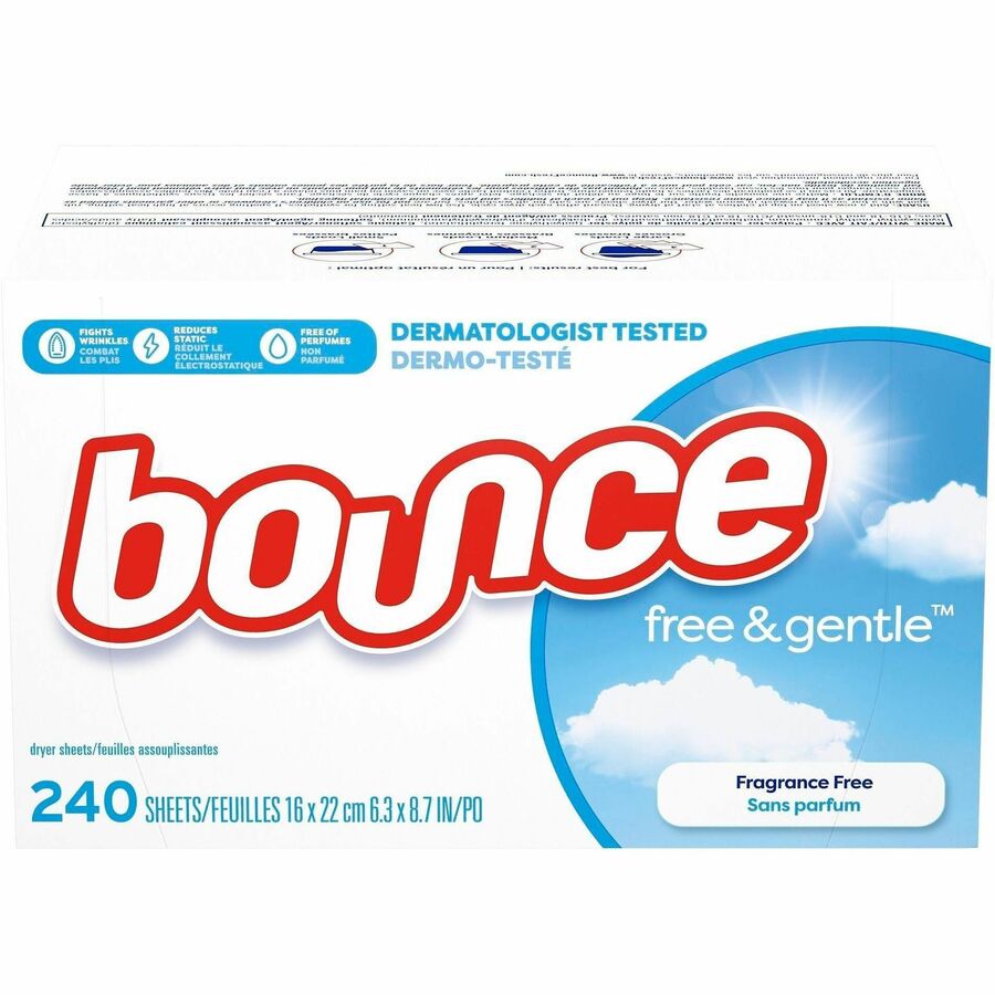 Bounce Free & Gentle Dryer Sheets - For Clothes, Fabric - Sheet - 9" Length x 6.40" Width - Dye-free, Scent-free, Hypoallergenic, Fragrance-free, Soft - White - 240/Box - 4 / Carton