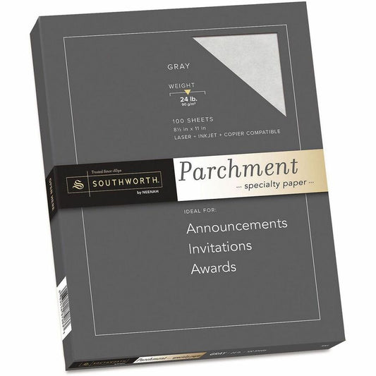 Southworth 24lb Parchment Specialty Paper - Letter - 8 1/2" x 11" - 24 lb Basis Weight - Acid-free, Lignin-free, Non-yellowing - Gray - 100 / Pack