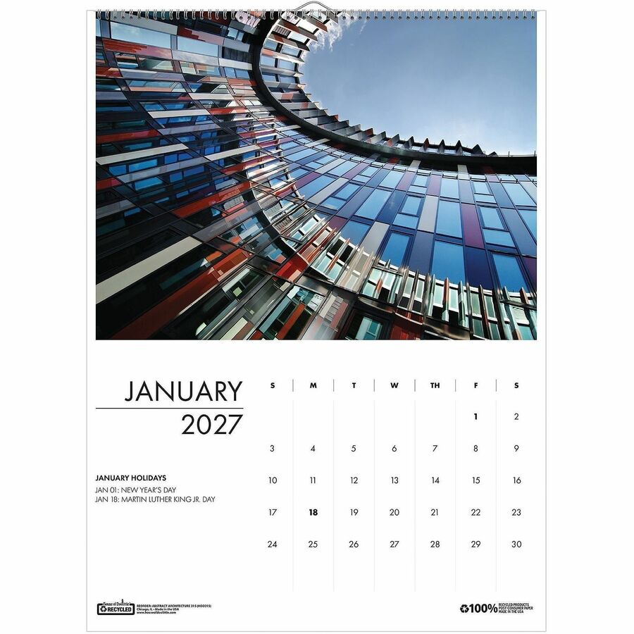 House of Doolittle Recycled Architecture Wall Calendar - Monthly - 12 Month - January 2027 to December 2027 - Sunday, Saturday - 1 Month Single Page Layout - 11" x 14" Sheet Size - Wire Bound - Wall Mount - Multi - 1 Each