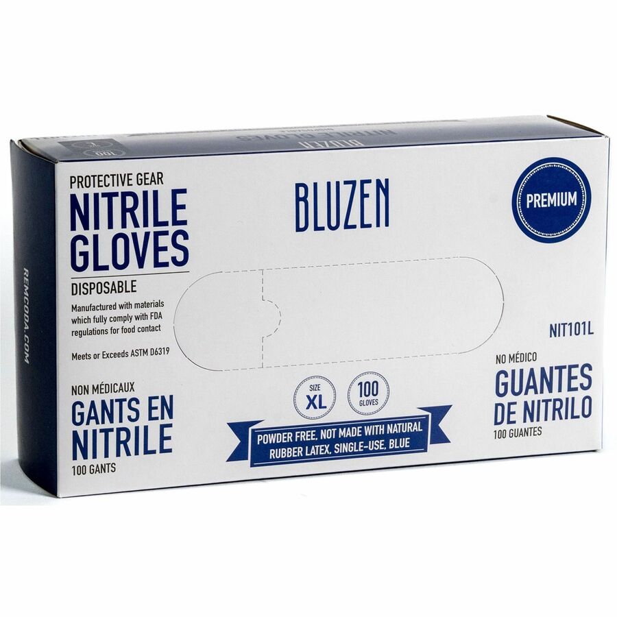 BLUZEN Disposable Nitrile Gloves - 3 mil Thickness - X-Large Size - Nitrile - Blue - Durable, Comfortable - 100/Box - 10 / Carton