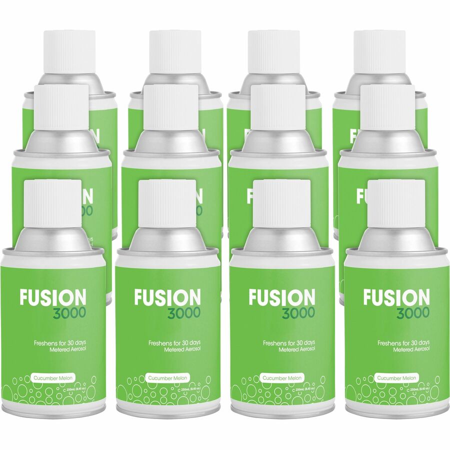 Fresh Products Fusion 3000 Metered Aerosols - 6000 ft� - Cucumber Melon - 30 Day - Odor Neutralizer, VOC Compliant - 12 / Carton
