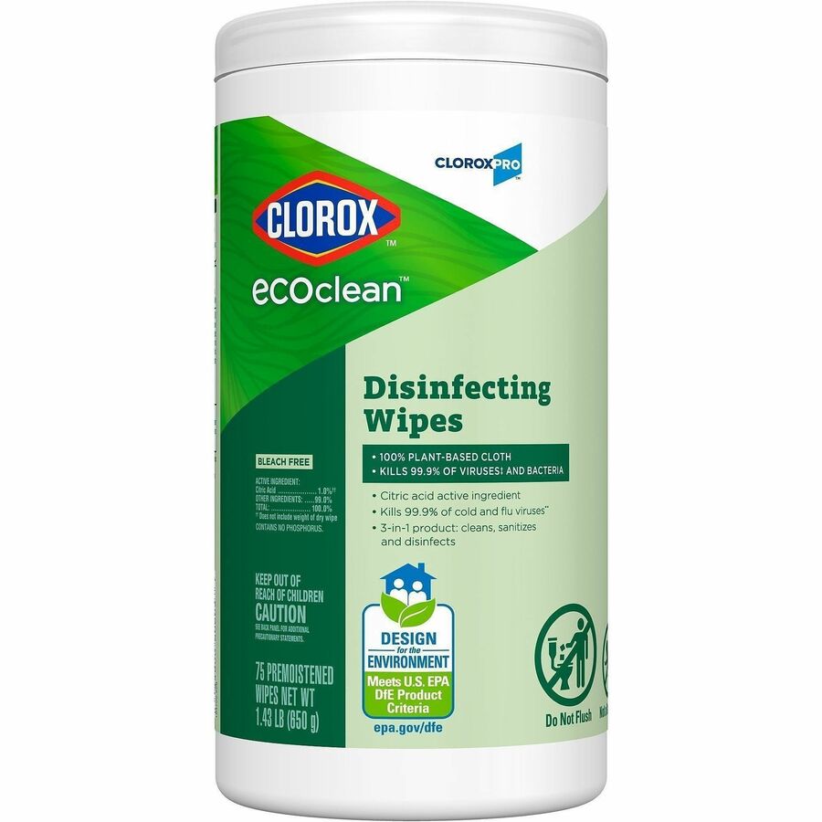 CloroxPro™, EcoClean Disinfecting Wipes - For Multi Surface, Multipurpose - Ready-To-Use - Wipe - Disinfectant, Dye-free, Bleach-free, Ammonia-free - Green - 75 / Each