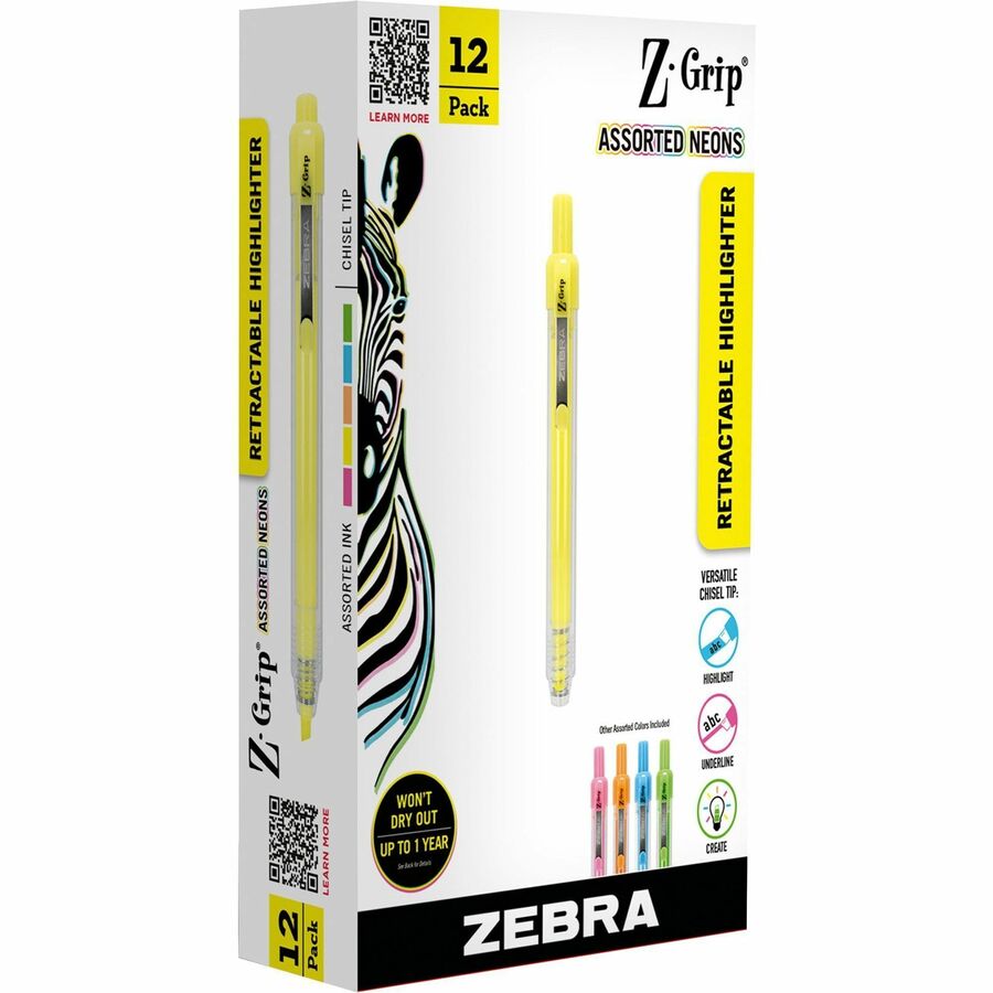 Zebra Pen Z-Grip Retractable Highlighter - Retractable - Assorted Neon Ink - 1 Dozen
