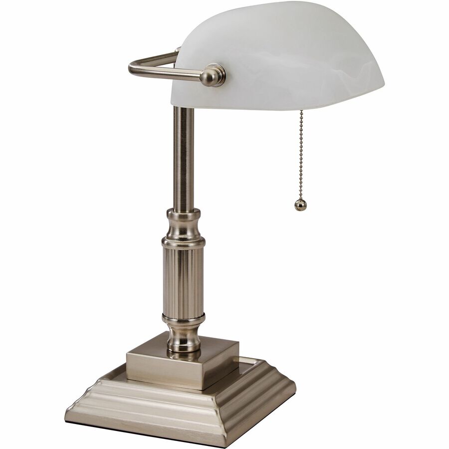 Victory Light Banker's Brass Desk Lamp - 14.8" Height x 6.5" Width - 10 W LED Bulb - Brushed Nickel - Rotating Glass Shade, Hanging Chain - Metal