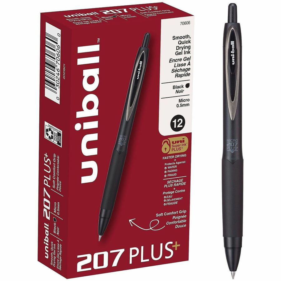 uniball™, 207 Plus Retractable Gel Pens - Retractable - Black Ink - Gel-based, Nanofiber Ink - Black, Metallic Barrel - Stainless Steel Tip - 12 / Dozen