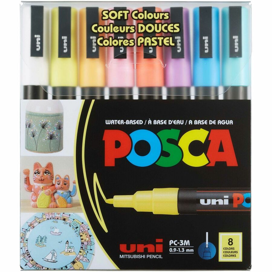 uniball™, POSCA Paint Marker - Erasable - Washable - White, Yellow, Apricot, Pink, Lavender, Blue, Green Ink - Water Based - 8 / Pack