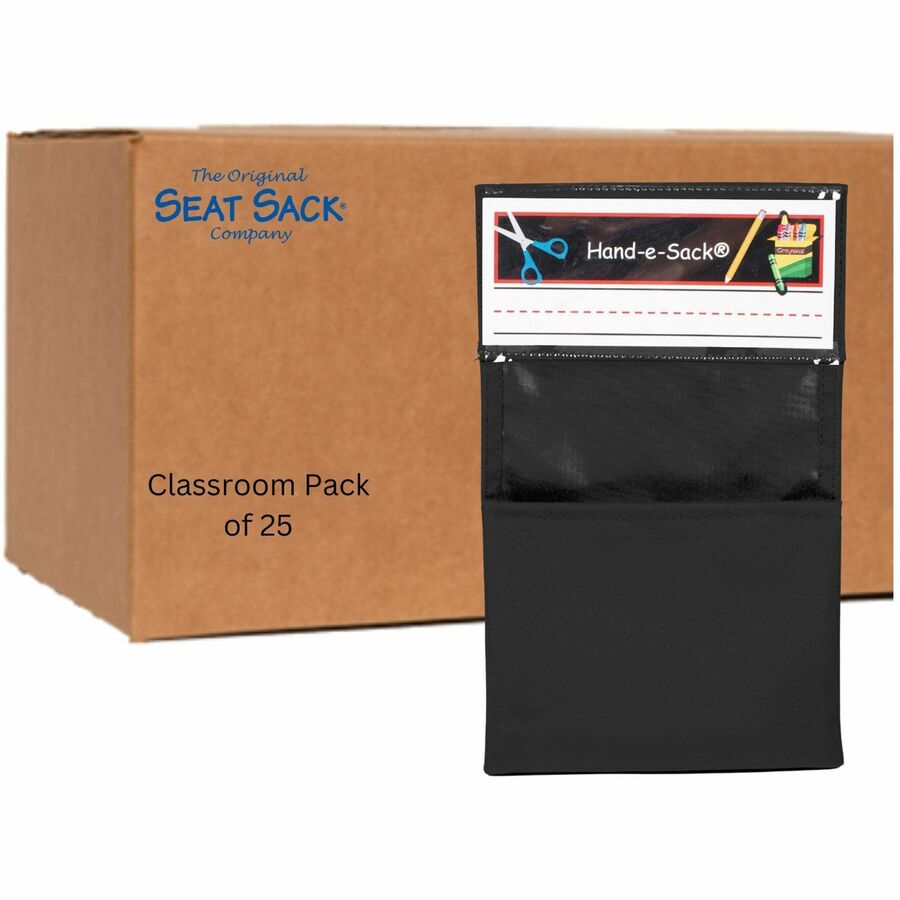 Seat Sack Hand-e-Sack Storage Pouches - Desk - Interlockable, Tear Resistant, Adhesive, Storage Space - Black - 1 Carton