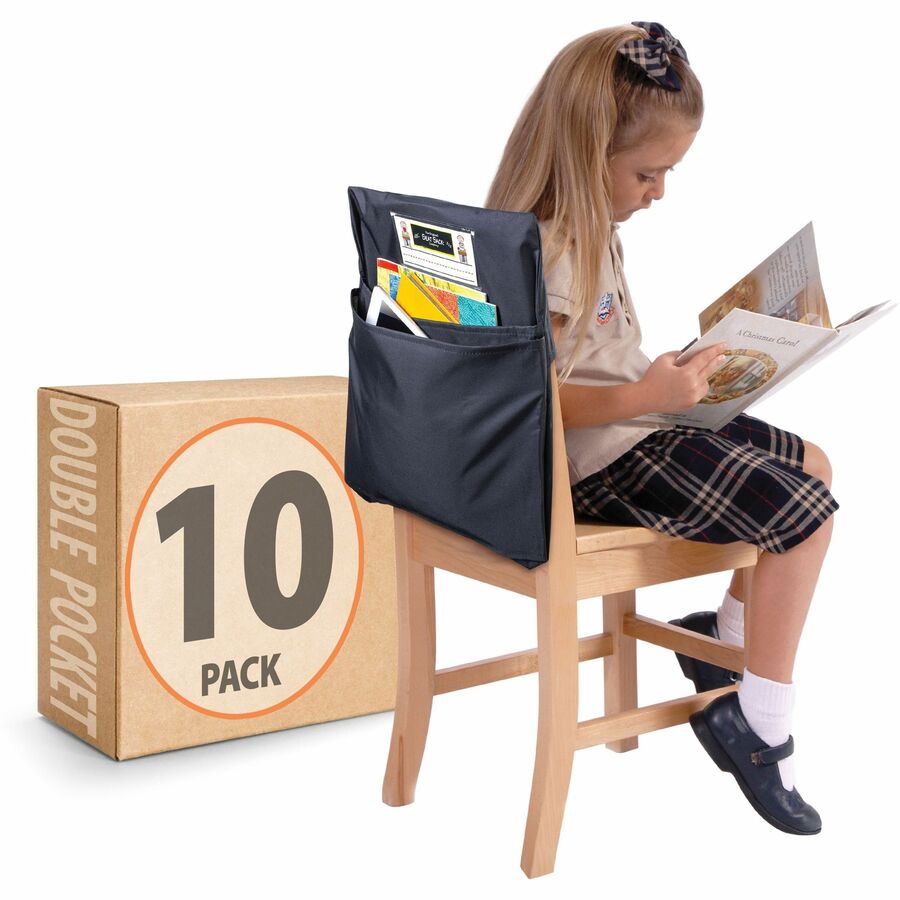 Seat Sack 10-Count 2-Pocket Classroom Pack - 2 Pocket(s) - 2 Compartment(s) - 15" Width x 2" Depth - Chair - Desk Space, Durable, Laminated, Expandable, Washable - Black - Poly Cotton - 10/Pack - 1 Carton