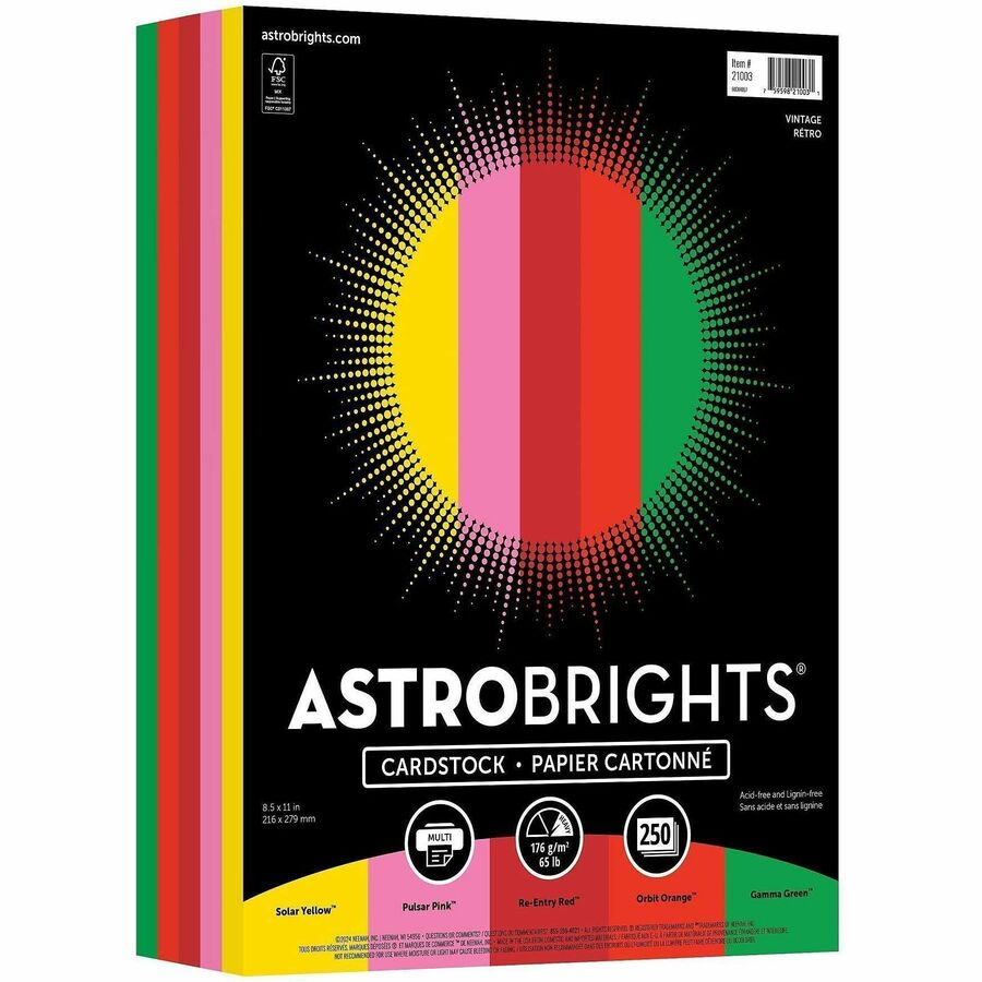 Astrobrights Colored Cardstock - Letter - 8 1/2" x 11" - 65 lb Basis Weight - High-impact, Acid-free, Lignin-free, Long Lasting - Assorted - 250/Pack - 250 / Pack