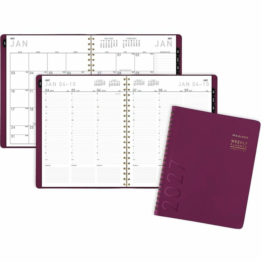 At-A-Glance Contemporary Weekly/Monthly Planner - Weekly, Monthly - 12 Month - January 2027 to December 2027 - 8:00 AM to 5:30 PM - Half-hourly - Monday - Friday - 8 1/4" x 11" Sheet Size - Twin Wire - Purple - Paper - Crushed Cherry Faux Leather Cover...