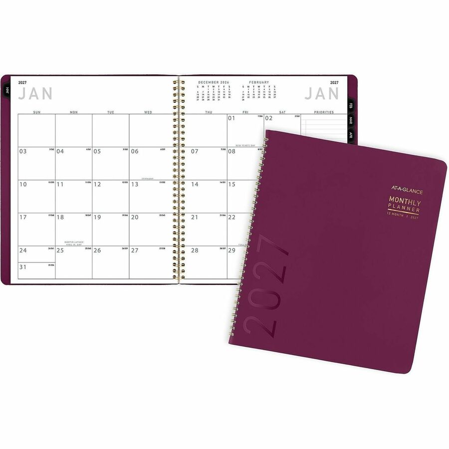 At-A-Glance Contempo Large Monthly Planner - Large - Monthly - 12 Month - January 2027 to December 2027 - 1 Month Double Page Layout - 9" x 11" Sheet Size - 1.93" x 1.75" Block - Twin Wire - Purple - Paper - Crushed Cherry Faux Leather Cover - 1 Each