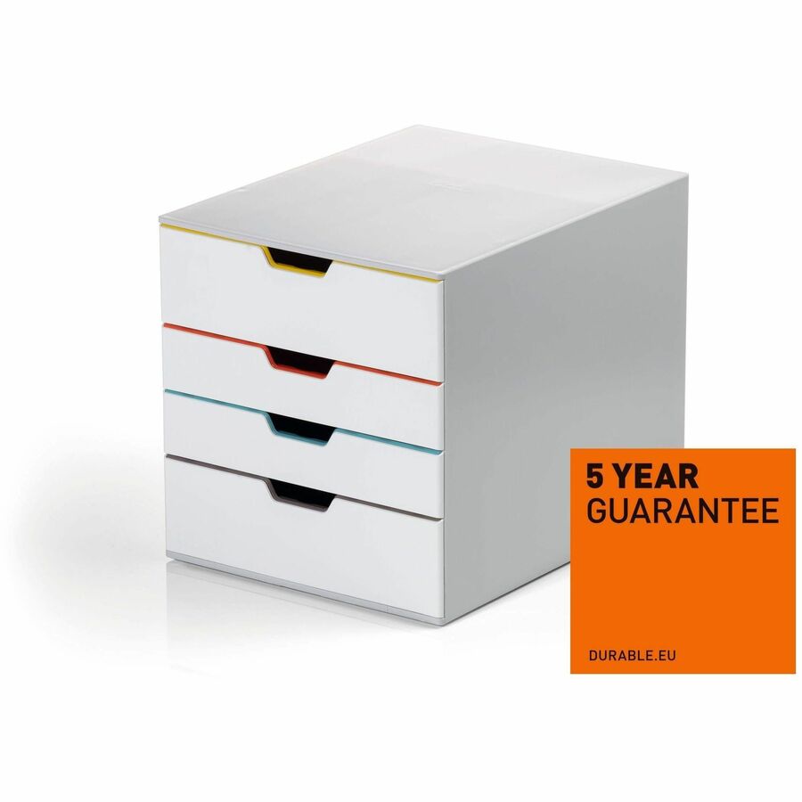 DURABLE Varicolor Mix 4, White/Multicolor - 4 Drawer(s) - 11.50" Height x 11.02" Width x 14.02" Depth - Desktop - Stackable - Labeling Area, Stackable, Recessed Handle, Removable Drawer, Non-slip Feet - White, Multicolor - Plastic - 1 Each