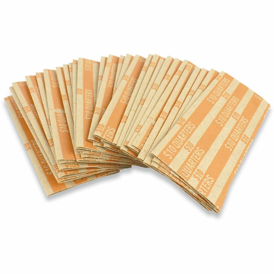 ControlTek Flat Tubular Coin Wrappers for Quarters - 40 Coins of 25� Denomination - Durable, Crimped, Heavy Duty - Kraft Paper - Orange - 1000 / Box