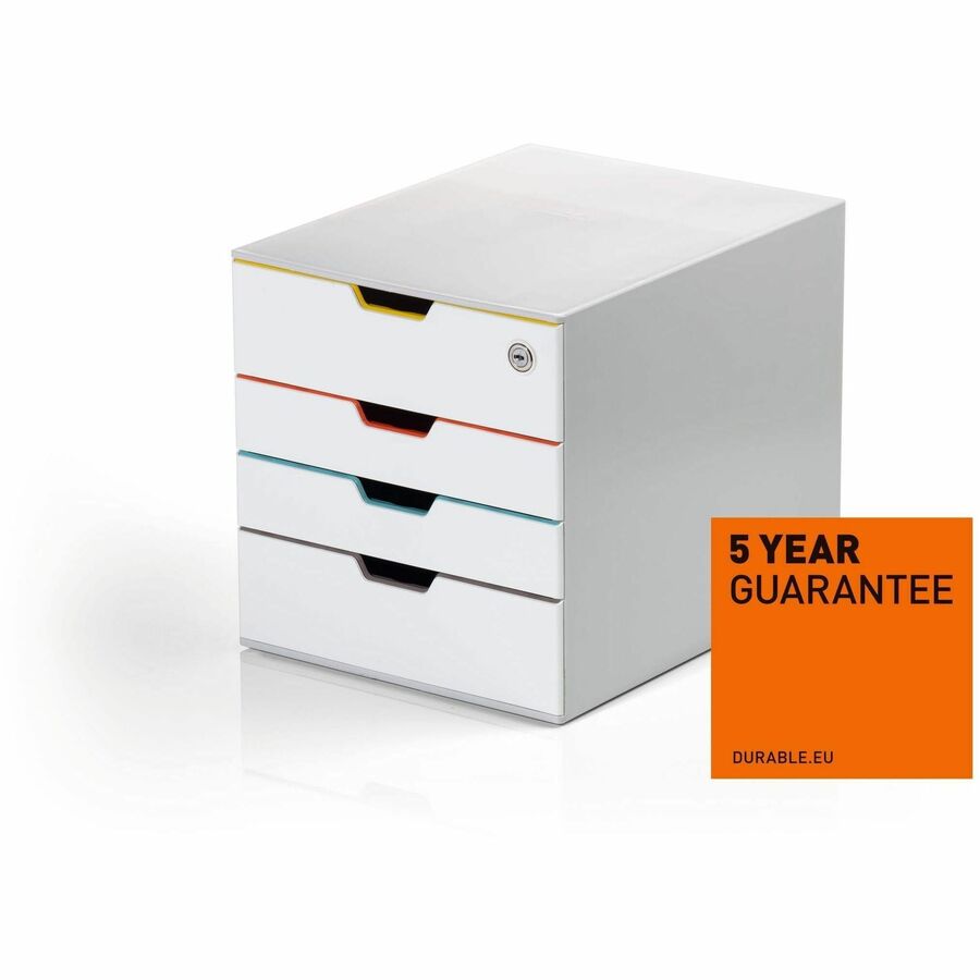 DURABLE Varicolor Safe Mix 4, White/Multicolor - 4 Drawer(s) - 11" Height x 11.50" Width x 14" Depth - Stackable - Lockable, Stackable, Recessed Handle, Non-slip, Locking Drawer, Storage Drawer, Pull-out Drawer, Anti-slip, Plastic Feet, Removable Drawe...