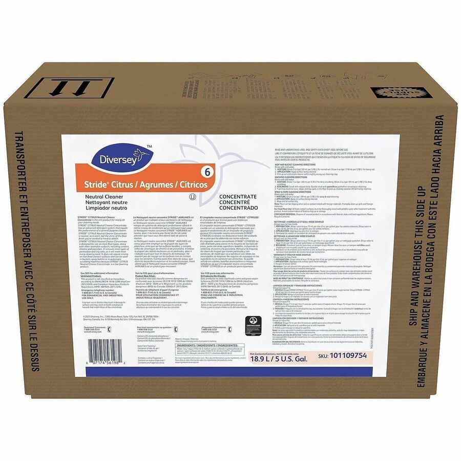 Diversey Stride Neutral Concentrated Cleaner - For Floor - Concentrate - Liquid - 640 fl oz (20 quart) - 6.5 to 7 pH - Citrus Scent - pH Neutral, Non Alkaline, Film-free, Low Foaming, Kosher, Versatile, Rinse-free, No-rinse - Orange - 1 Carton
