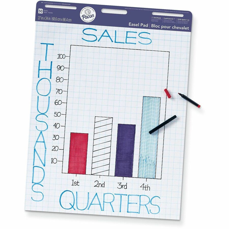Pacon&reg, Easel Pad, Non-Adhesive, White, 1 in grid ruled 27" x 34" , 50 Sheets - White Sheet Color - 50 Sheets/Pad - Non-adhesive, Grid Pattern, Handle, Recyclable - 4 / Carton