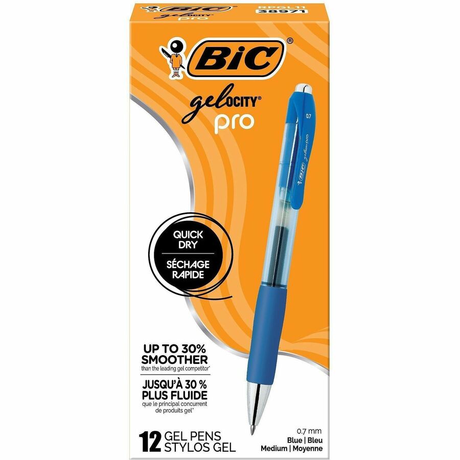 BIC Gelocity Pro Gel Pen - Retractable - Blue Ink - Gel-based - Round Barrel - 12 / Dozen