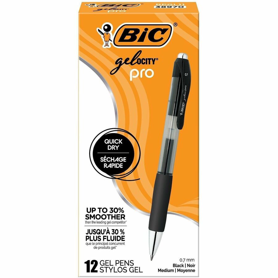 BIC Gelocity Pro Gel Pen - Retractable - Black Ink - Gel-based - Round Barrel - 12 / Dozen