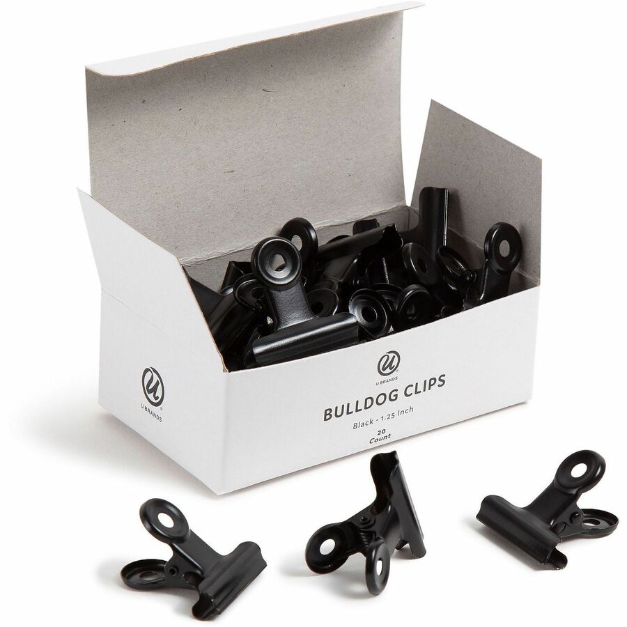 U Brands Bulldog Clip - 1.3" Width - 100 Sheet Capacity - for Office, Paper, Home, School, Photo, Project, Classroom, Document, Notes, Assignment - Acid-free, Durable, Reusable, Non-slip Grip, Non-magnetic, Non-toxic - Black - Metal, Steel - 20 / Pack