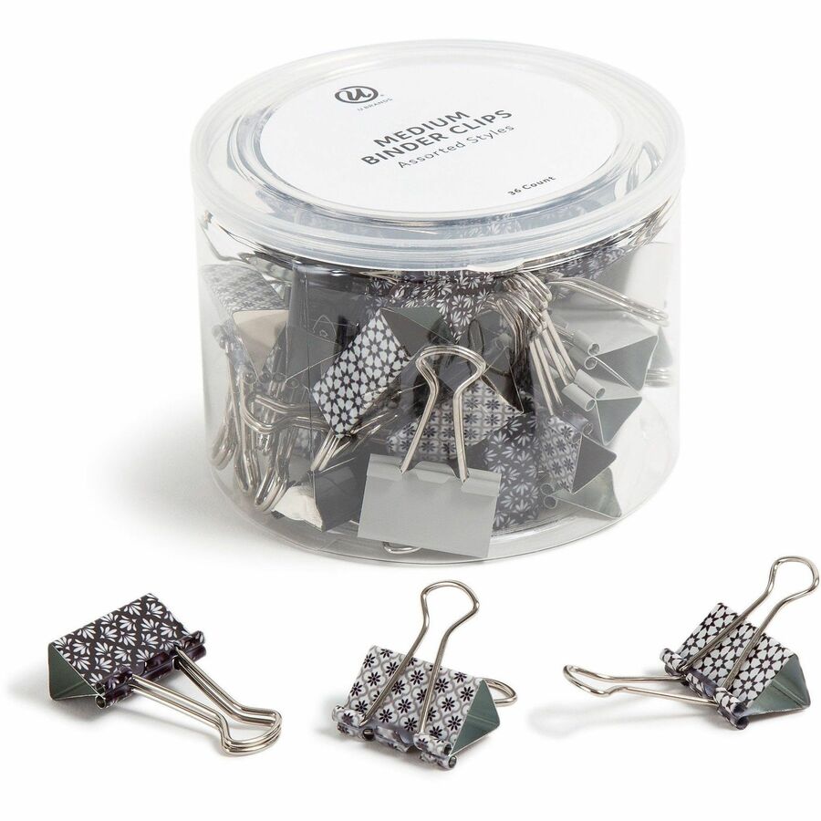 U Brands Binder Clip - Medium - 1" Width - 145 Sheet Capacity - for Paperwork, Paper, Office, Home, School, Document, Notes, File, Assignment - Acid-free, Non-magnetic, Durable, Non-slip Grip - Assorted, Silver, White, Black - Steel, Metal - 36 / Pack