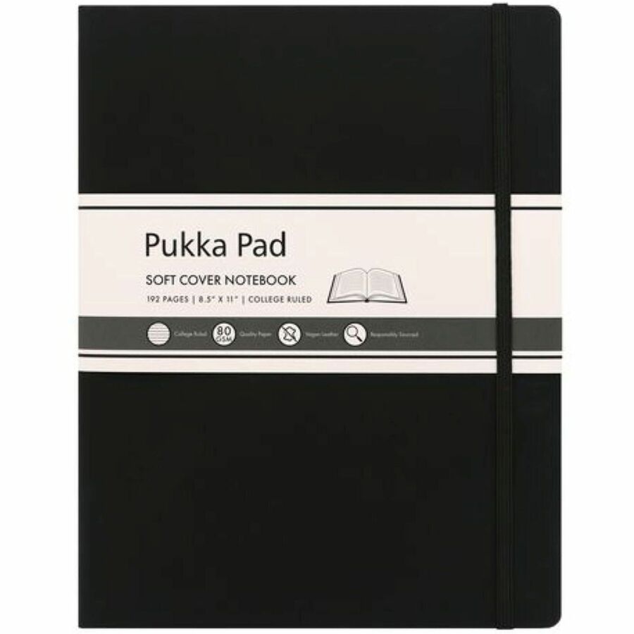 Pukka Pads Signature Notebook - 1 Subject(s) - 96 Sheets - 192 Pages - Casebound/Sewn - College Ruled Front Ruling - Ruled Margin - 80 g/m², Grammage - Letter - 8 1/2" x 11" Sheet Size - Cream Paper - Black Vegan Leather Cover - Soft Cover, Note Se...