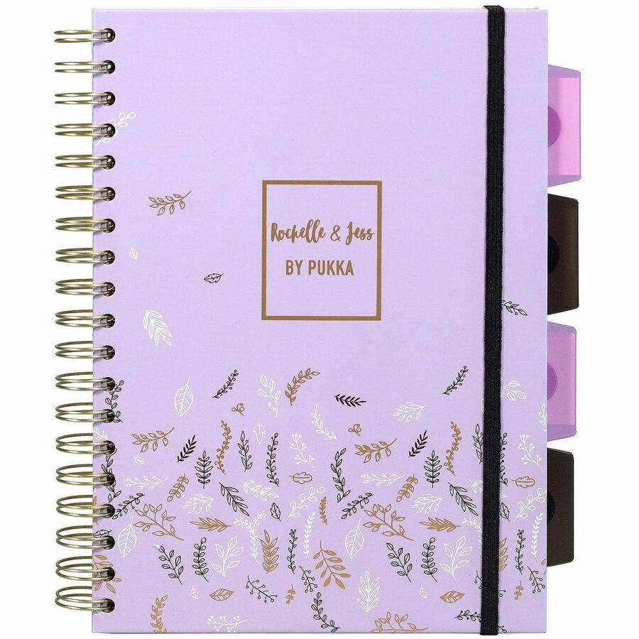 Pukka Pads Rochelle & Jess Notebook - 5 Subject(s) - 100 Sheets - Quad Ruled Front Ruling - Ruled Margin - 80 g/m², Grammage - 7 1/2" x 10" Sheet Size - Black, Lilac, Gold Cover - Graph Layout, Note Section, Repositionable Divider - 3 / Pack