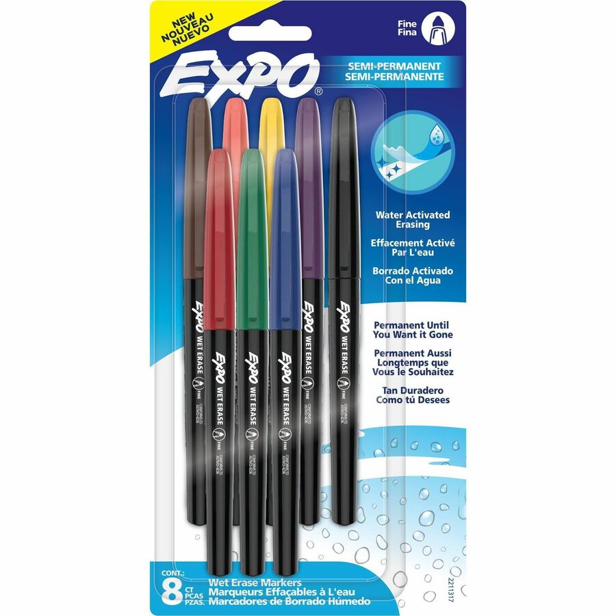 Expo Wet Erase Markers, Fine Tip - Erasable - Assorted Ink - Glass - 8 / Pack