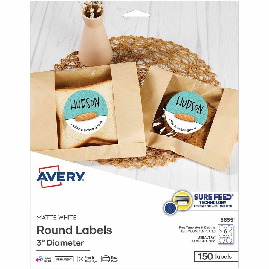 Avery&reg, Multipurpose Label - 3" Diameter - Round - Matte White - 6 / Sheet - 150 Total Label(s) - 150 / Pack