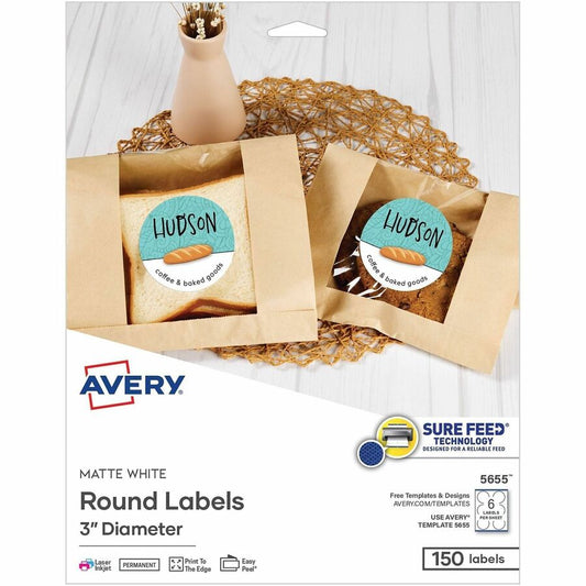 Avery, Multipurpose Label - 3" Diameter - Round - Matte White - 6 / Sheet - 150 Total Label(s) - 150 / Pack