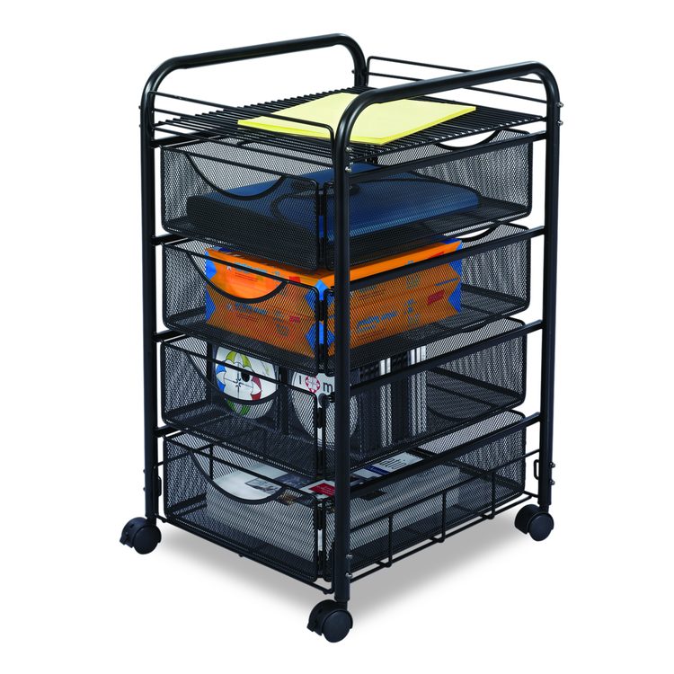 Onyx Mesh Mobile File with Four Supply Drawers, Metal, 1 Shelf, 4 Drawers, 15.75" x 17" x 27", Black