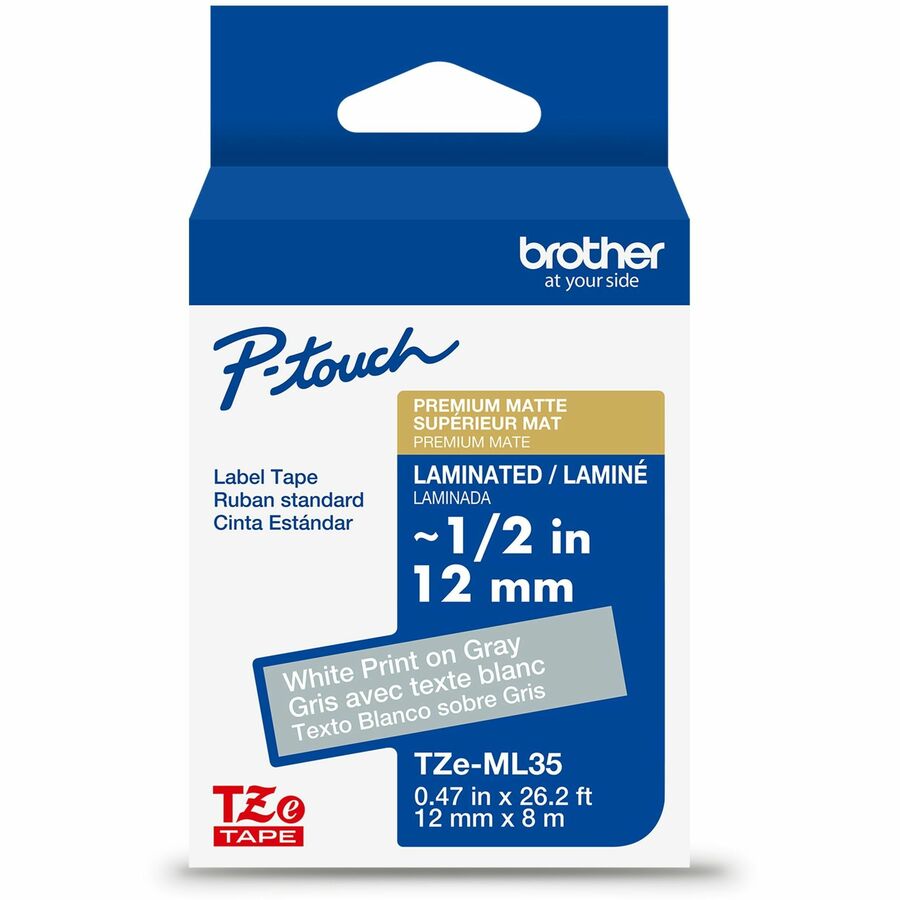 Brother Genuine P-touch TZeML35 WHT on GRY Label Tape, Premium Matte Laminated, 12mmX8m - 15/32" Width - Matte Gray - Laminated - Water Resistant - 1 Each