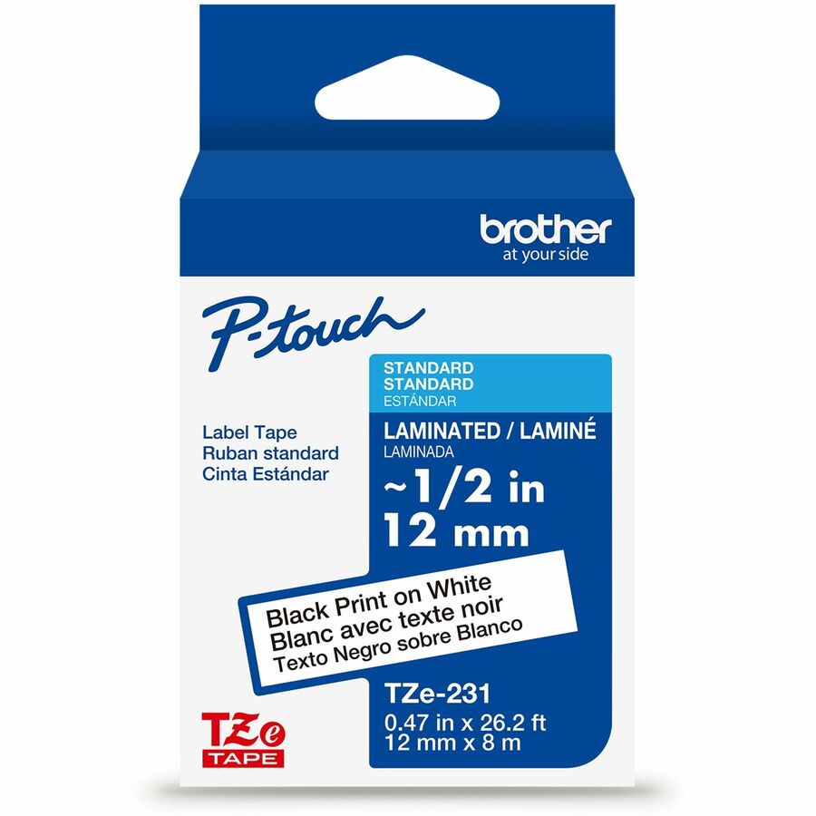 Brother Genuine P-touch TZe231 BK on WHT Label Tape, Laminated, 12mmX8m - 15/32" Width - White - Laminated - Water Resistant - 1 Each
