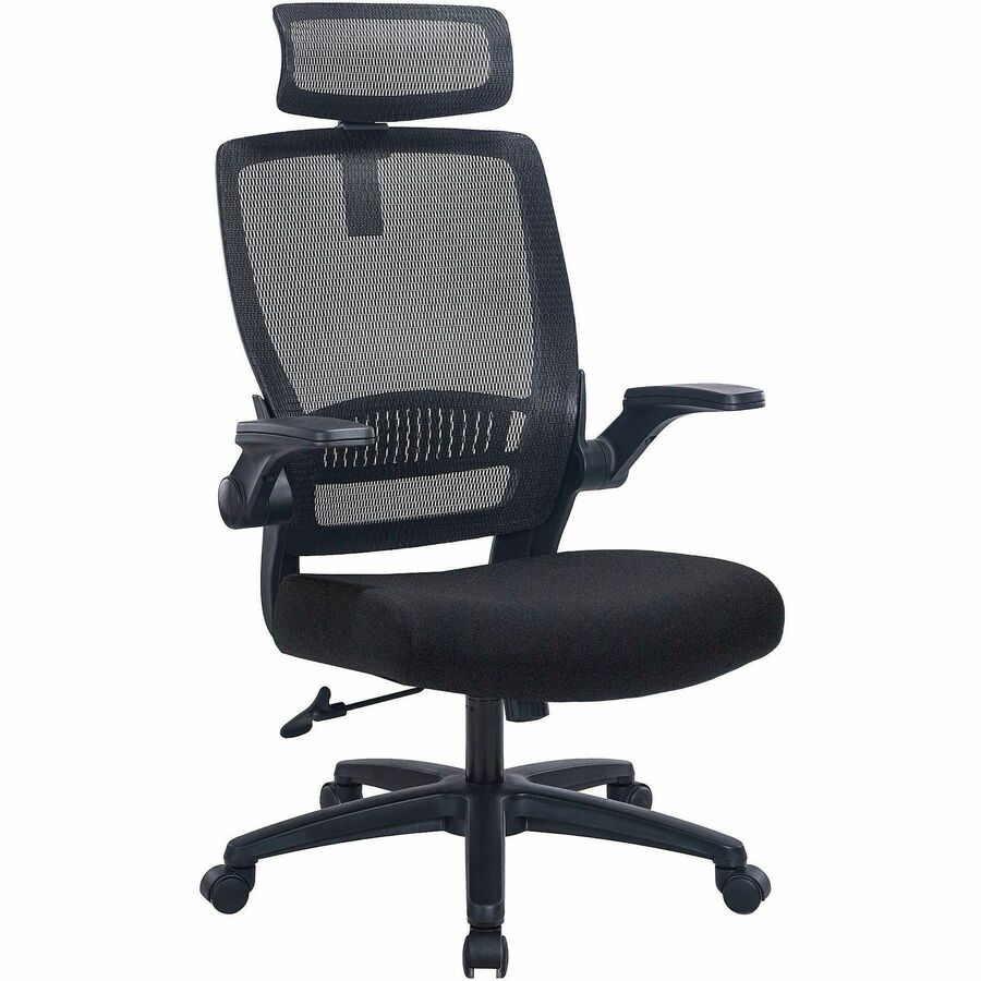 Lorell Lanser Mesh-Back Chair with Flip-Up Arms - Fabric Seat Material - Mesh Back Material - High Back - 5-star Base - Black - Armrest - 1 Each