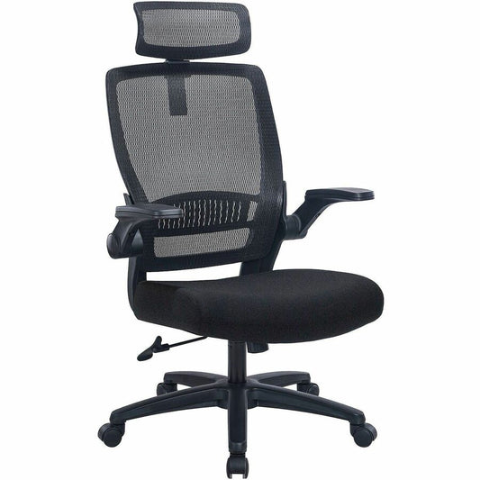 Lorell Lanser Mesh-Back Chair with Flip-Up Arms - Fabric Seat Material - Mesh Back Material - High Back - 5-star Base - Black - Armrest - 1 Each